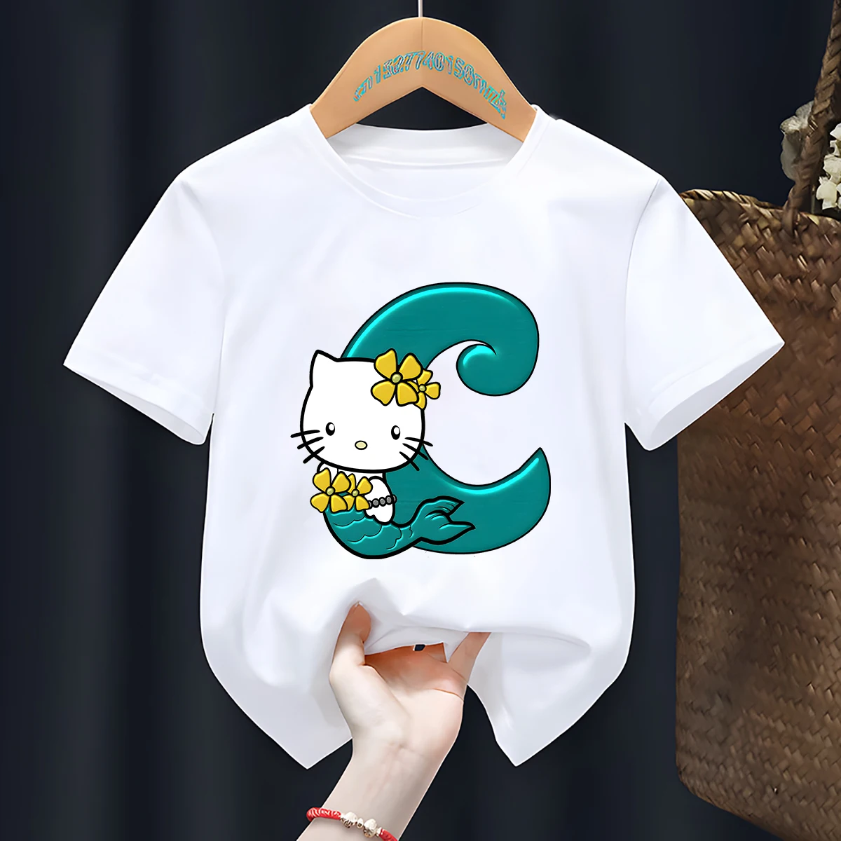 Hello Kitty A B C D Printed Children's T Shirt Girls Cute Cartoon Summer Short Sleeve Tops Cotton 2 to 8 Years Kids Clothing