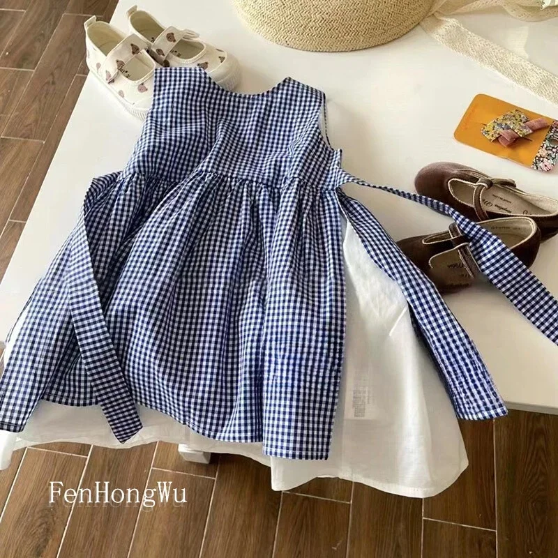 

Plaid Dress Summer New Korean Fashionable Loose Casual Sleeveless Plaid Patchwork Dress Kids Clothes Girls