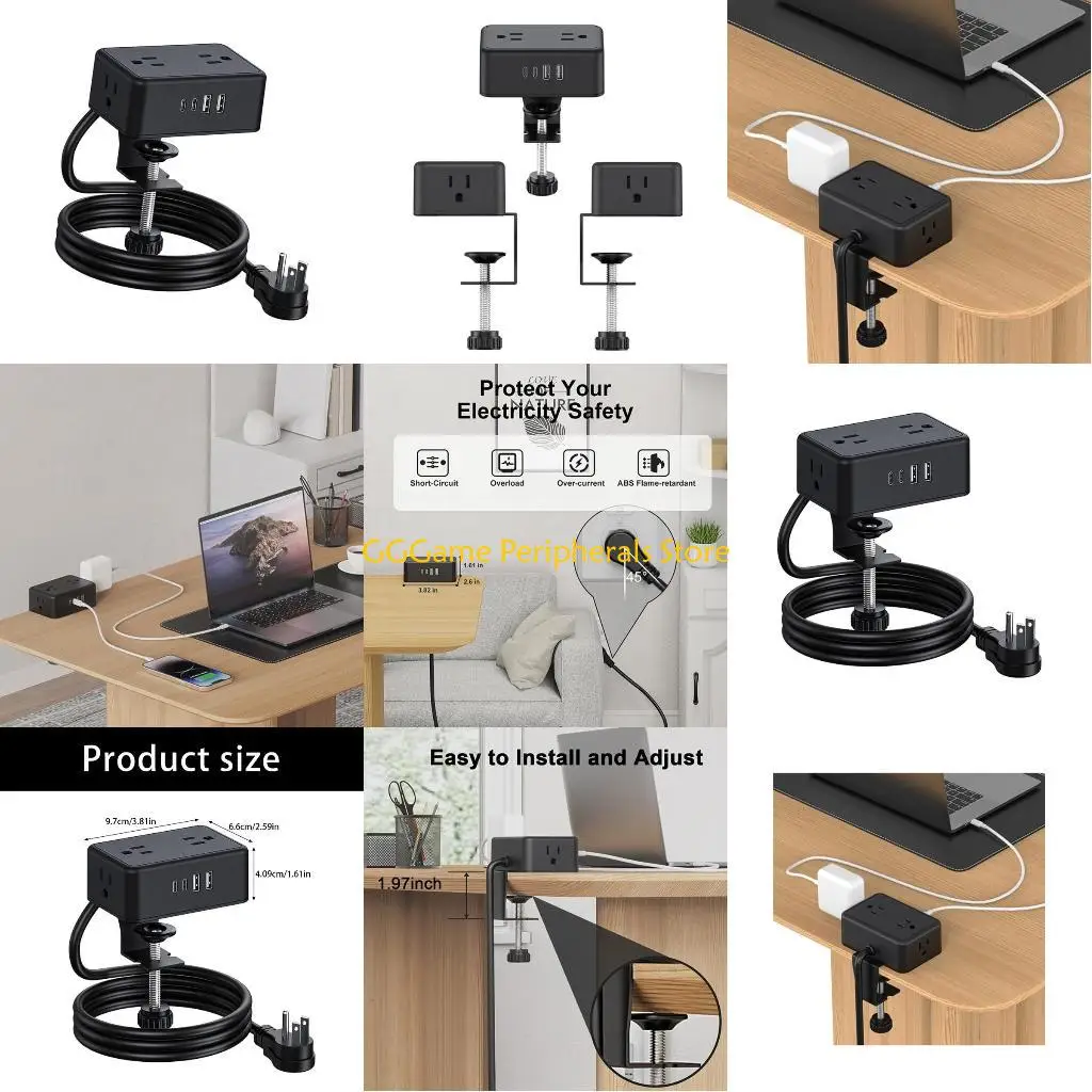

U55B Clamp Desk Edges Power Strips 4 AC Outlets 4 USB Port PD20W Charging for Laptops, Tablets and Cell Phones in Room