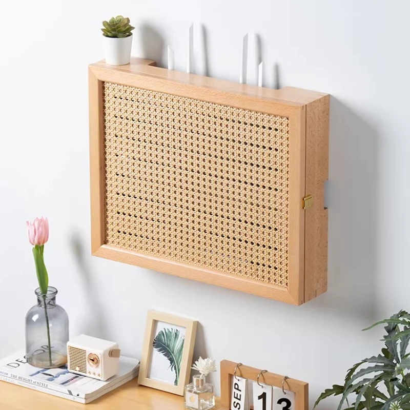 Solid Wood Rattan Electrical Box Cover Modern Square Wall Decor for Living Room Foyer Circuit Breaker Cover with Magnetic Door