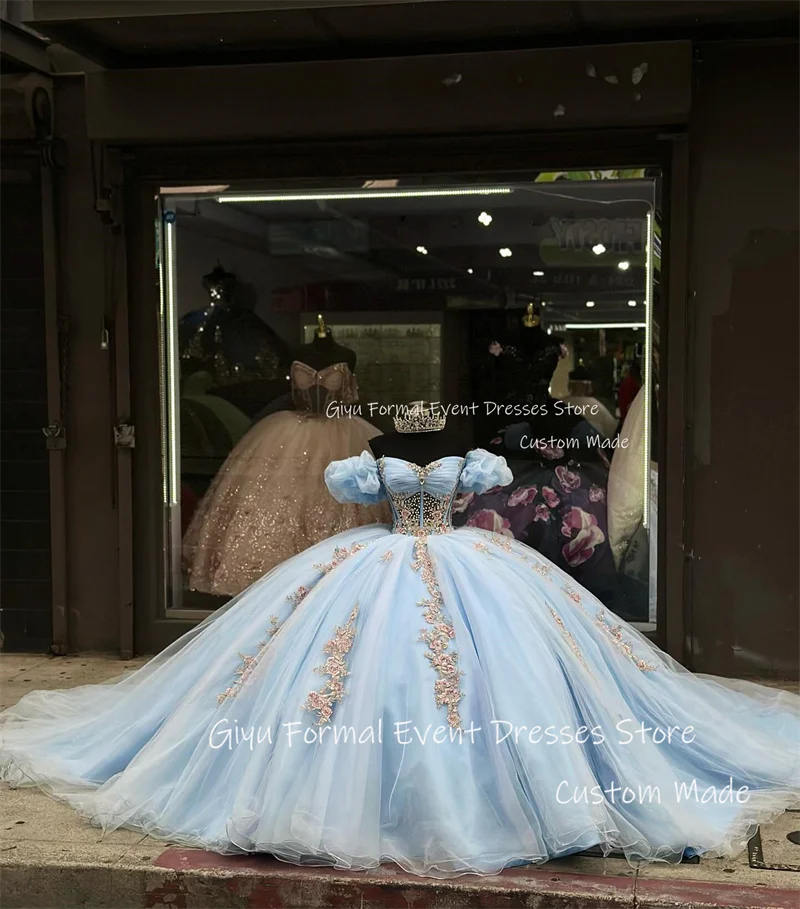 Giyu Princess Light Blue vestidos 15 quinceañera cortos Shiny Crystal Beads Ball Gown Luxury 16 Sweet Birthday Dress Customized