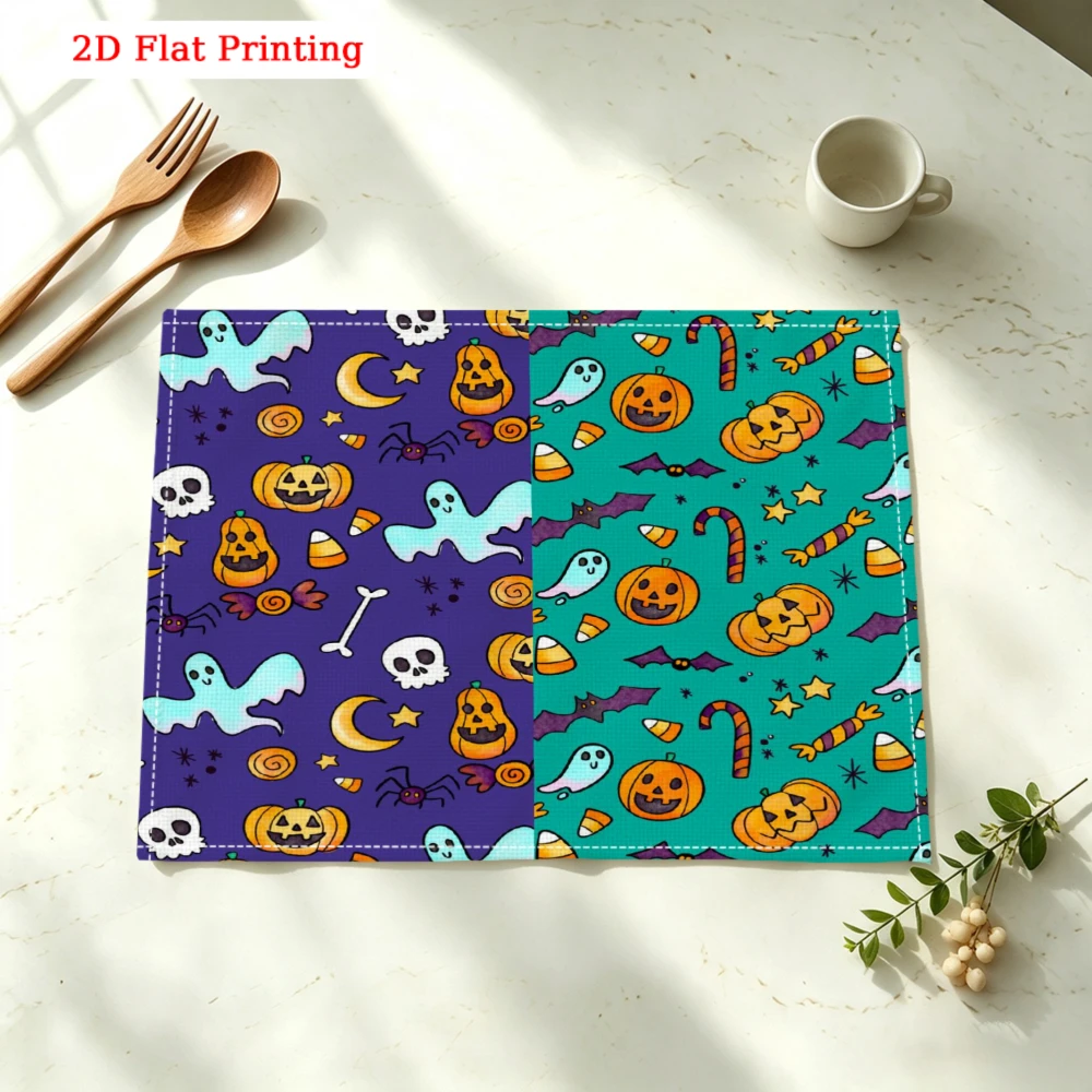 1pc Halloween Placemat Purple Green Ghost Pumpkin Skull Table Mat Kitchen Dining Decor Party Use 30x40cm