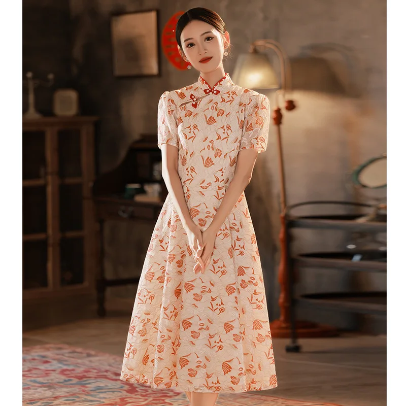 Cheongsam Women Chinese Style Dress Elegant Lace Flower Qipao Vintage Mandarin Collar Vestidos Improved Banquet Dress Gown