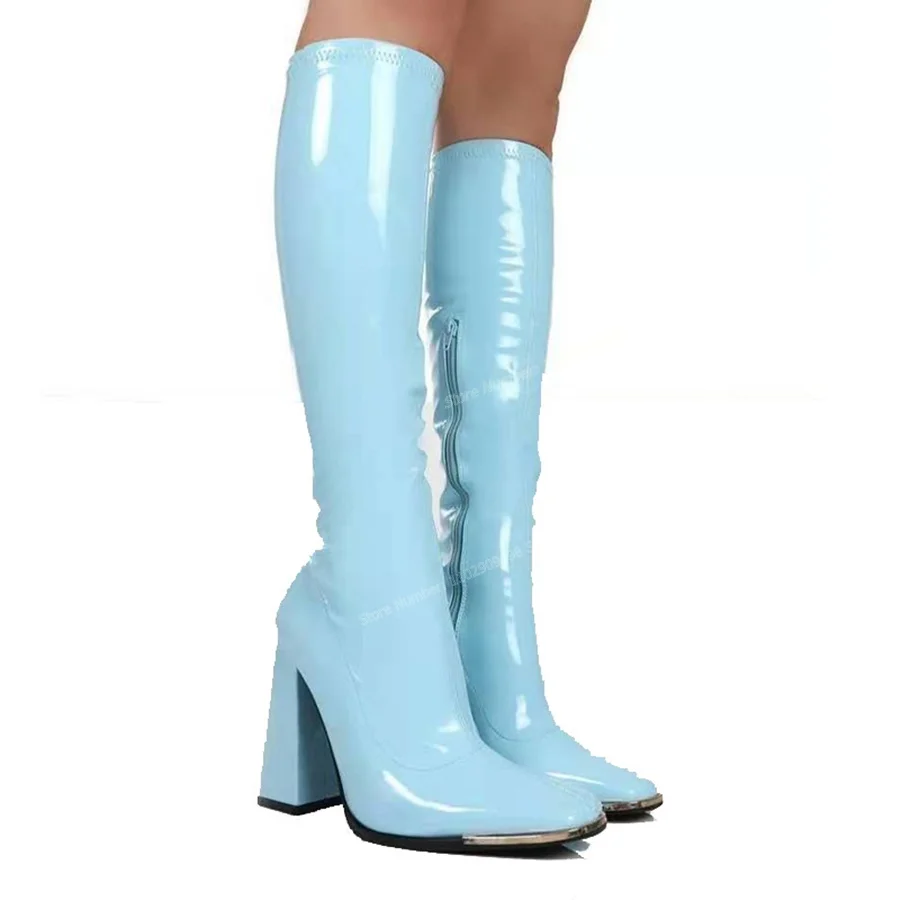 

Blue PU Leather Knee High Boots Solid Color Round Toe Shoes for Women Chunky High Heels Fashion Shoes 2023 Zapatos Para Mujere