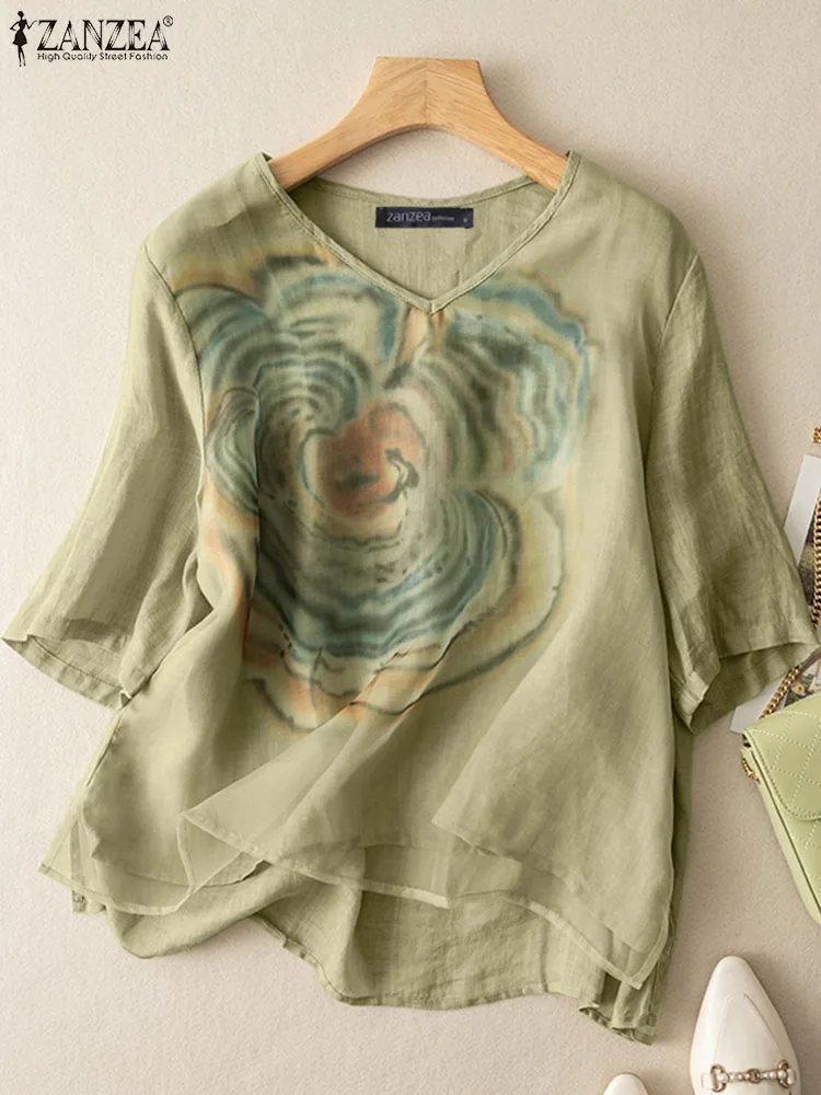 

ZANZEA Vintage Floral Printed 3/4 Sleeve Blouse Women Autumn Elegant V Neck Holiday Party Blusas Tunic Tops Casual Loose Shirt
