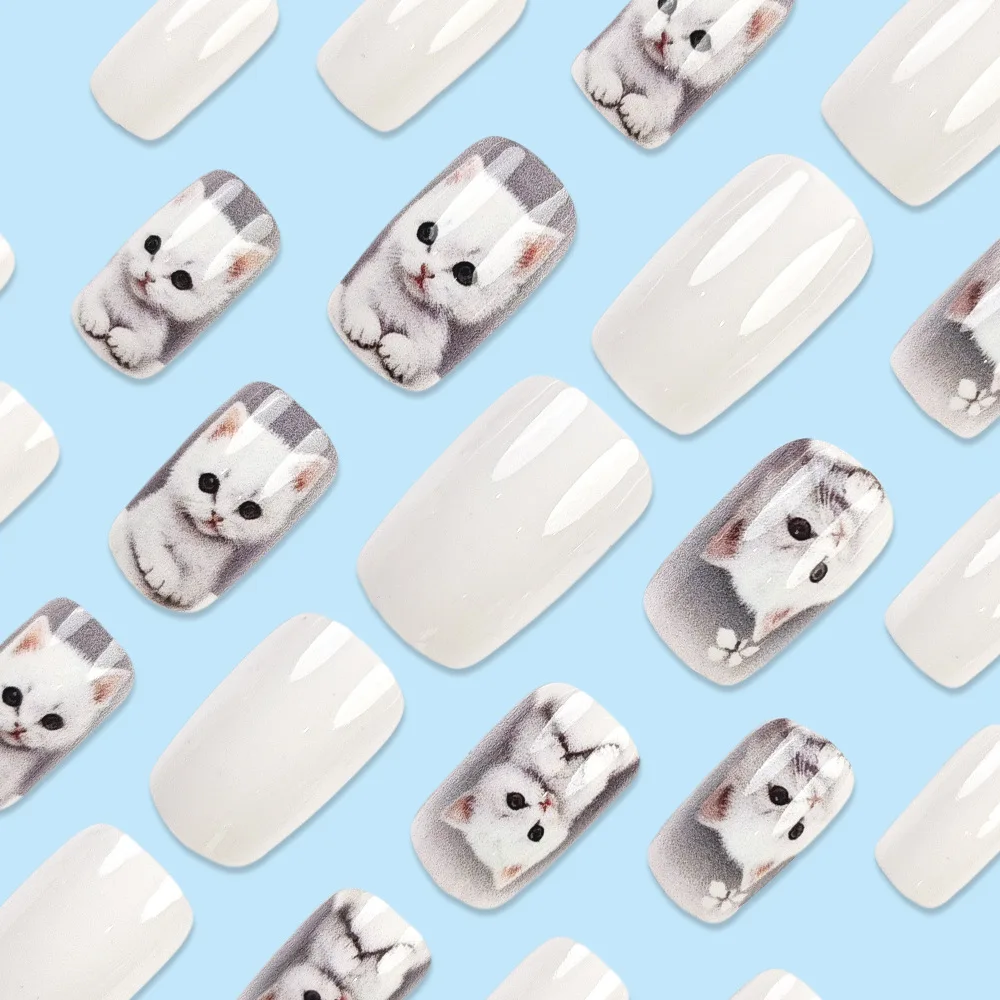 24개입 프레스온 네일 귀여운 고양이 만화 애완동물 디자인 고양이 인조 손톱 세트 카와이 동물 네일 아트 장식 DIY 매니큐어