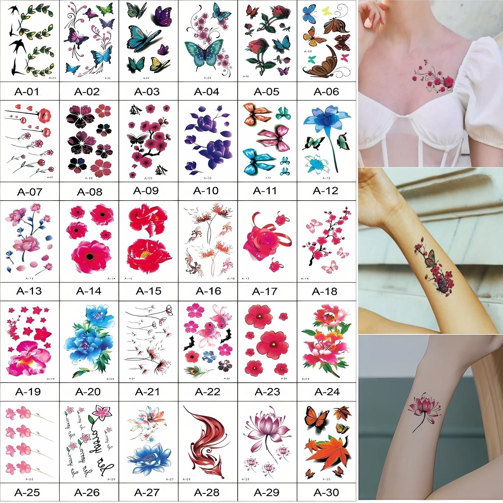 30pcs/set Fake Tattoo Sticker for Women Girls Colorful Flower Butterfly Temporary Tattoo Adhesive Chest Back Tatouage temporaire