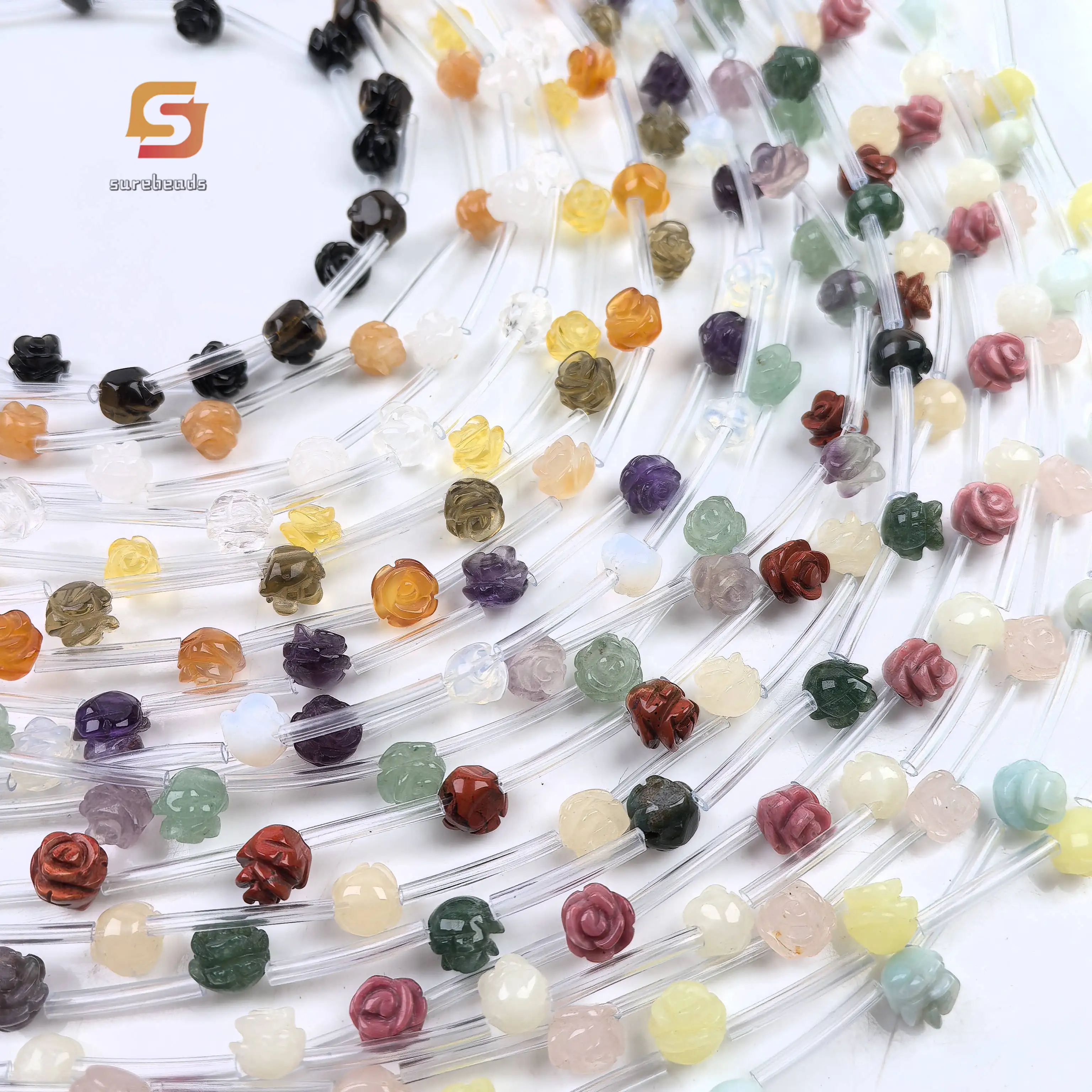 

15pcs/str 8mm Carved Gemstone Flower Beads Bulk,Healing Quartz Amethyst Fluorite Rose Pendant Bracelet Necklace Jewelry Making