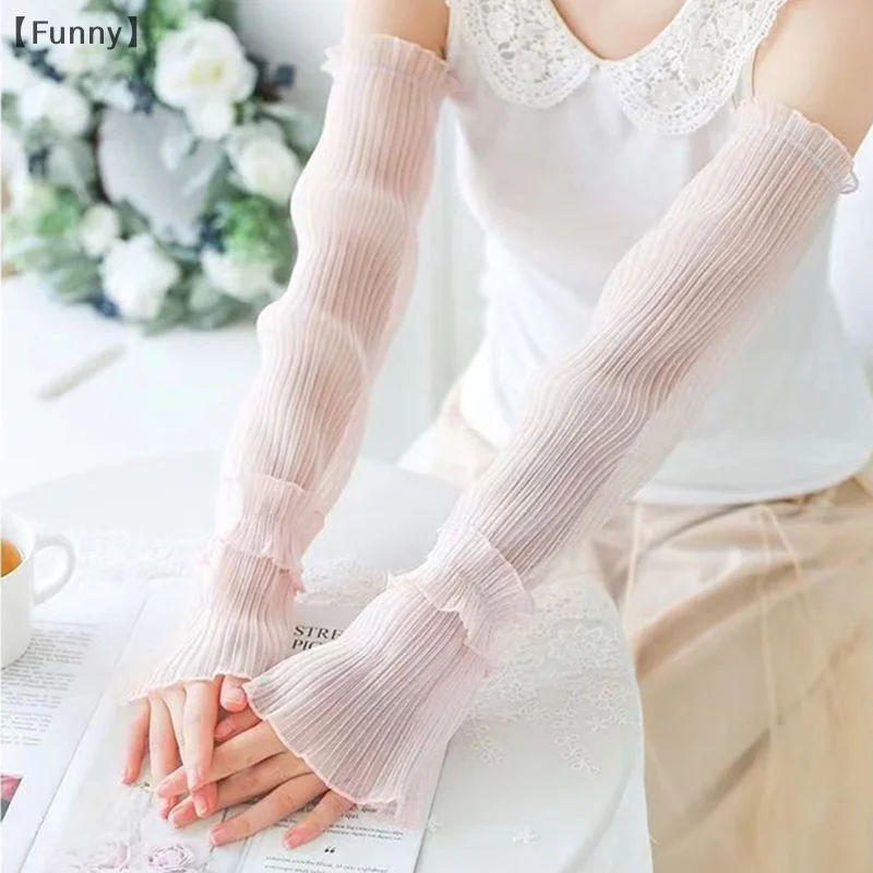 夏ロング指なし手袋女性日焼け防止袖手袋女性薄型レースメッシュアームスリーブ日焼け止め UV 通気性ミトン