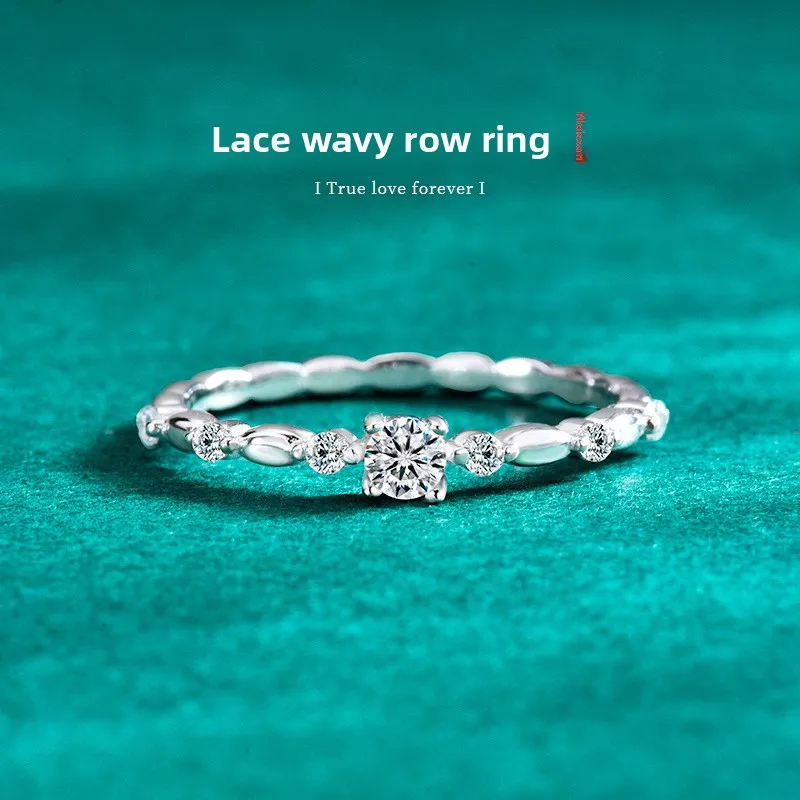 D-Color Scallop Wave Full-Band Moissanite Ring, Platinum Plated S925 Sterling Silver, Exquisite Fine Jewelry for Women