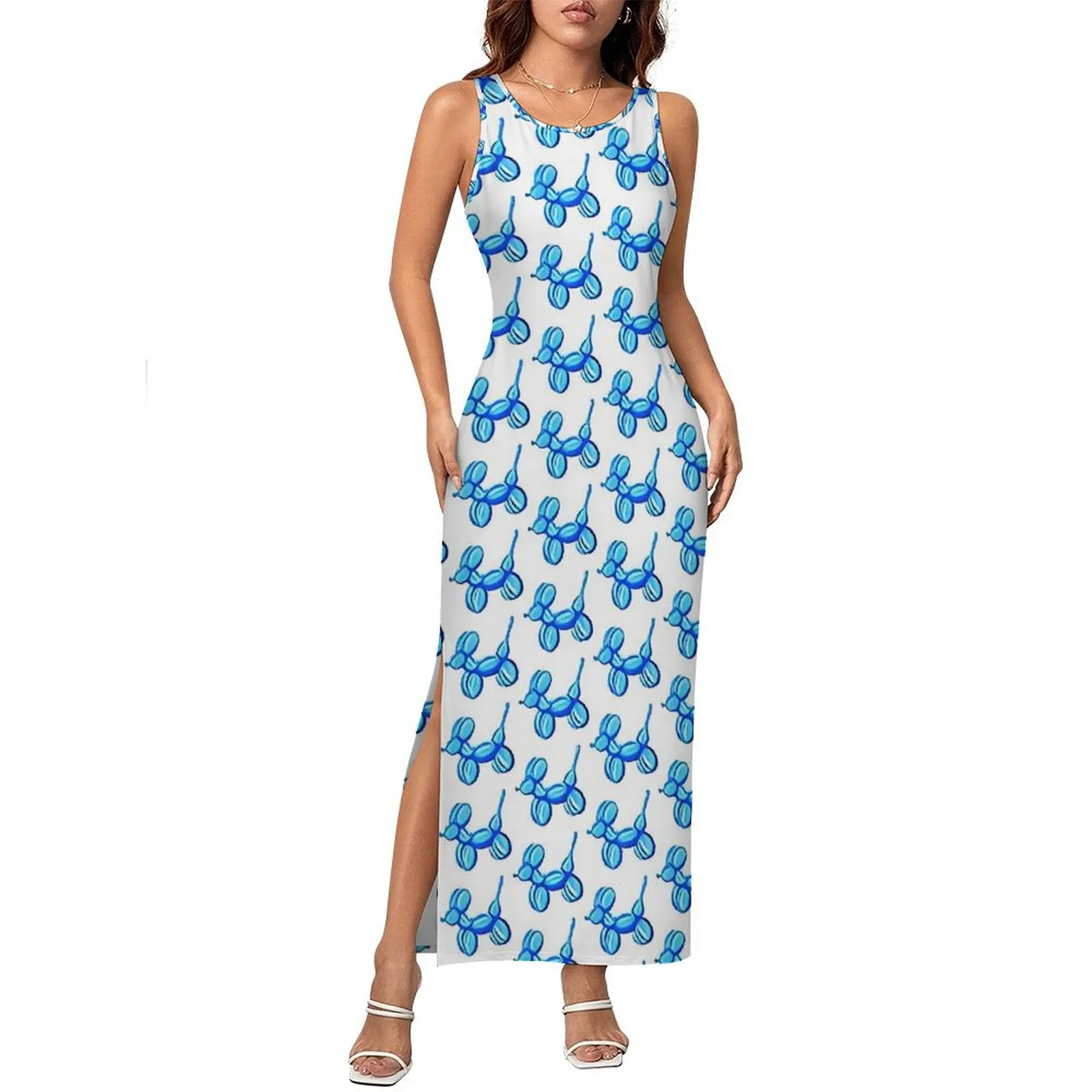 Ballon-Hunde-Kleid, ärmellos, Tierblau, Y2K, modische Maxikleider, niedliches, figurbetontes Kleid für Damen, grafisches Oversize-Kleid