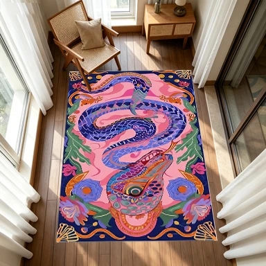 Bohemian Style Psychedelic Snake Pattern Floral Carpet, Colorful Folk Art Carpet, Floor Decoration, Soft Non-Slip Indoor Floor Decoration Carpet