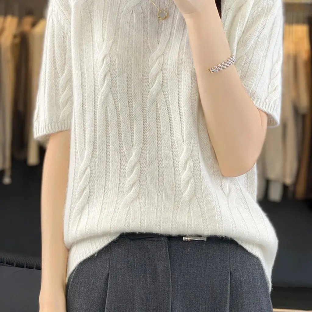 

Korean Style Women's Patched Wool Blend Knitted Short Sleeve Top round Neck Casual All-match Base-layer Shirt for Autumn
