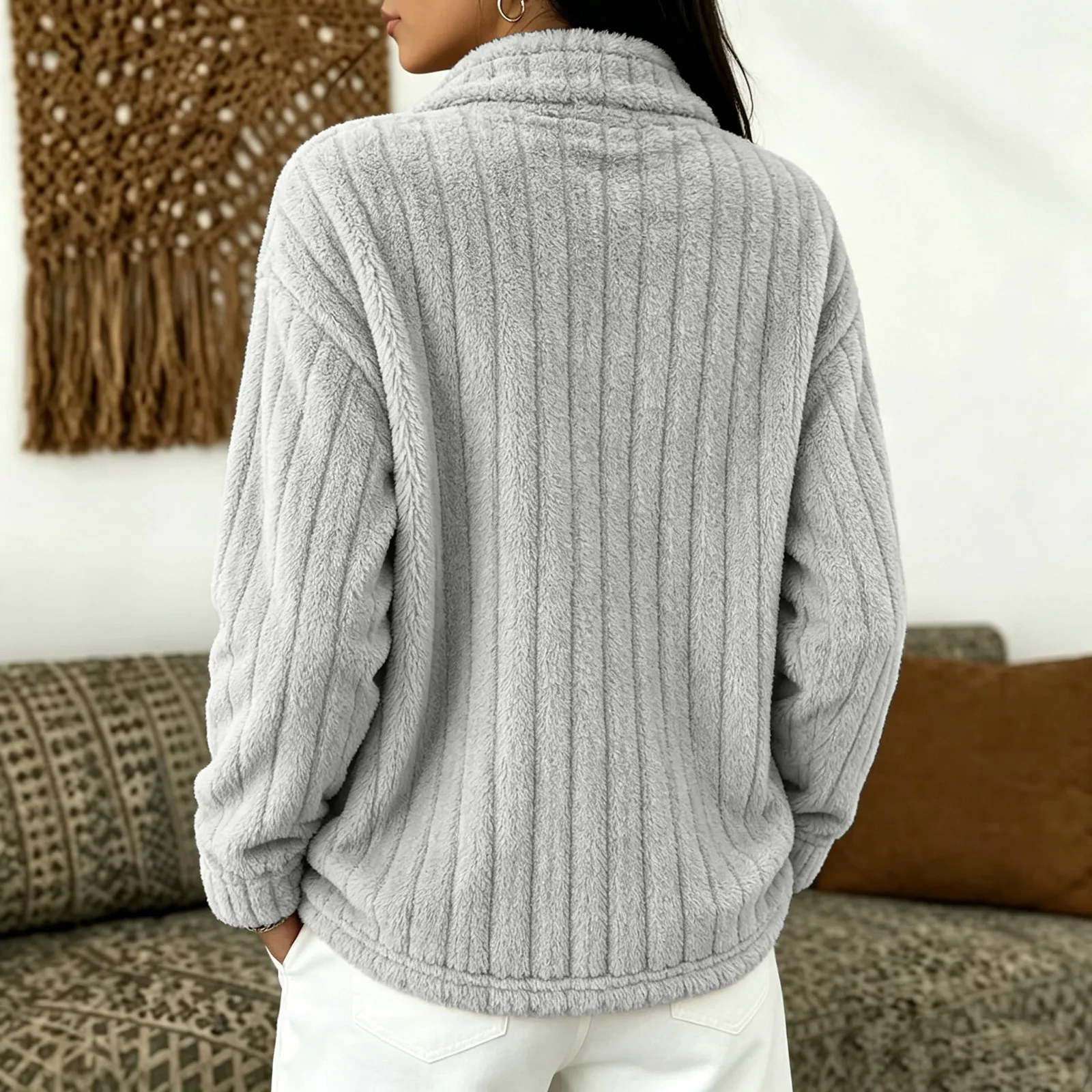 Women's Autumn Winter Turn Collar Ribbed Fleece-lined Warm Zip-up Long-sleeved Sweatshirt