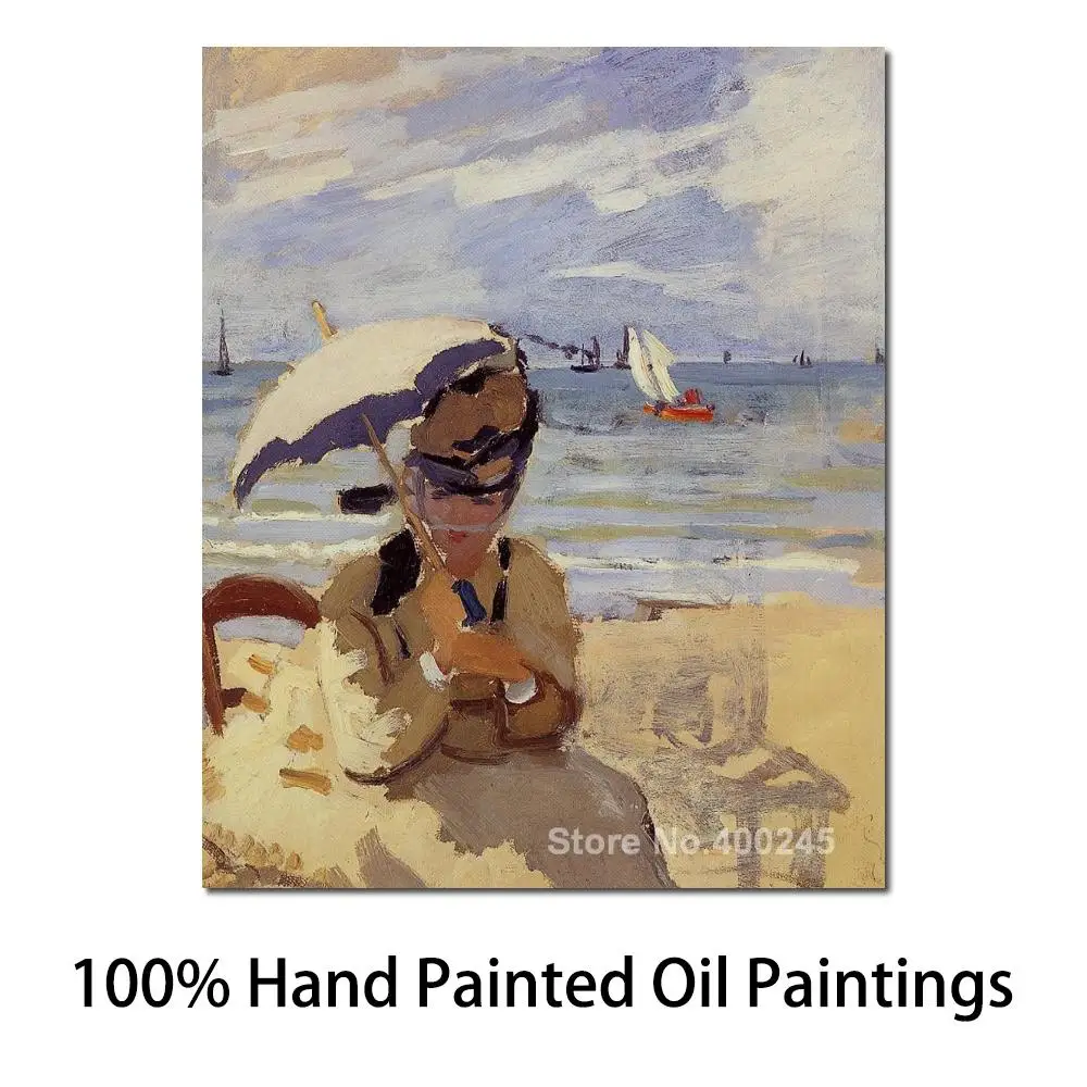 

Hand Painted Canvas Art Figure Painting Camille Sitting on The Beach at Trouville Claude Monet Artwork for Bathroom High Quality