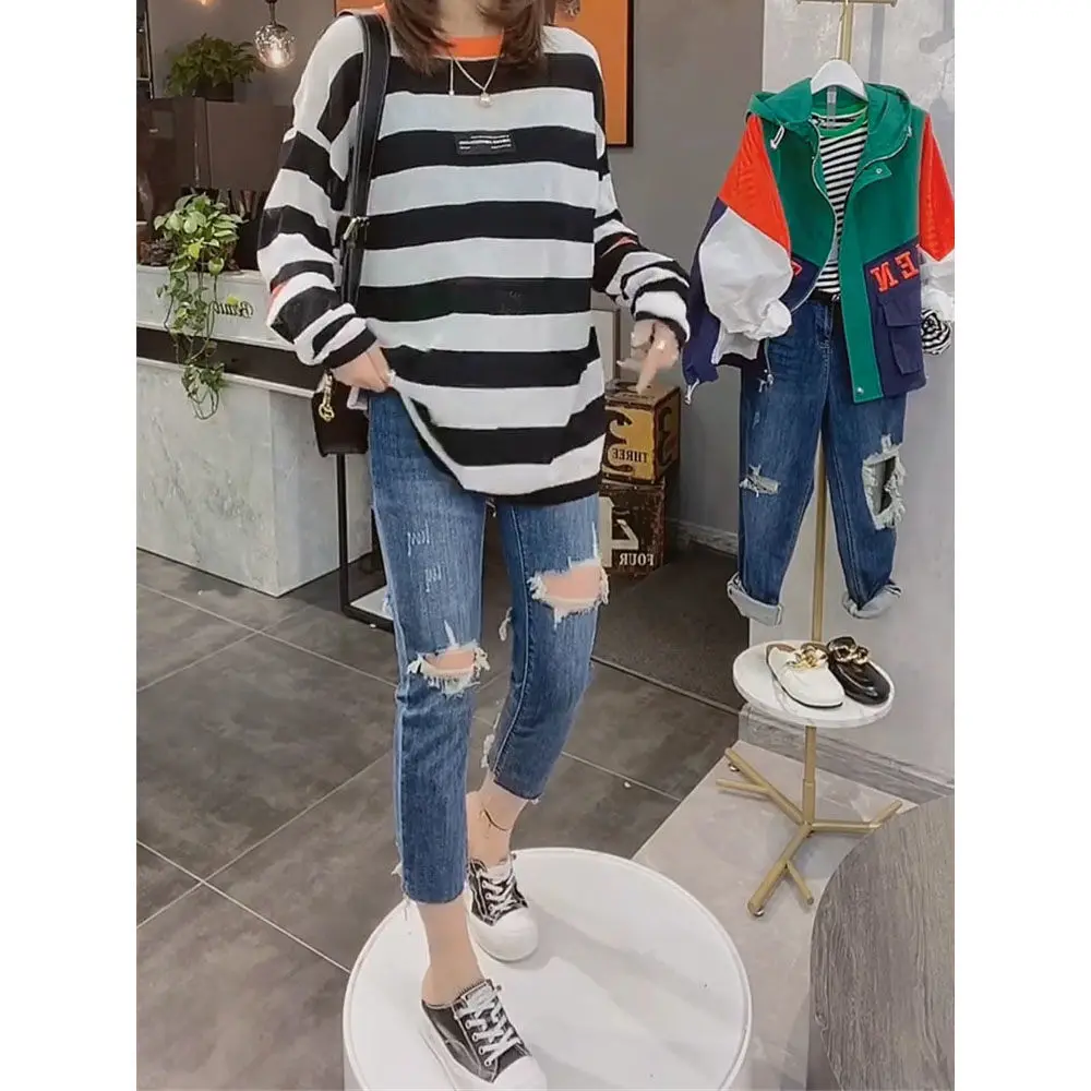 

Faionable, летние новые женские джинсы большого размера с высокой талией, прямые укороченные брюки с девятью укороченными штанами, дизайн с отверстиями, эффект похудения