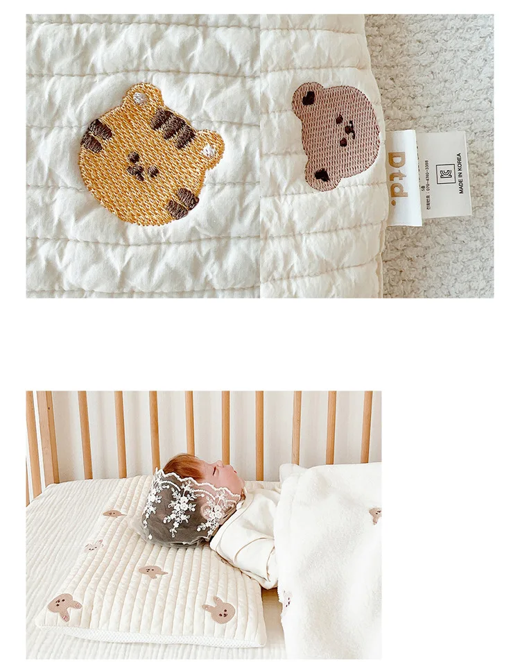 Korean Infant Baby Thin Pillow Thin Rectangular Pillow With Embroidered Motifs 0-12 Months Newborn Cartoon Pillow