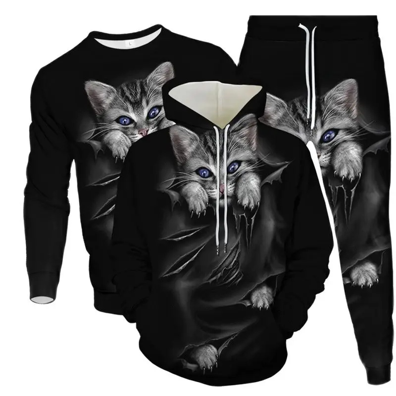 2023 New Men's Tracksuit Break Hole Animal Cat 3D Print Clothes Suit Male Hoodie Sweatshirt Pants 3 Piece Set Large Size 5XL 6XL