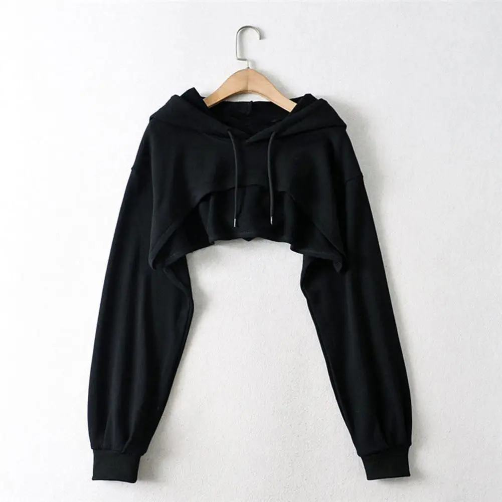 

Women Solid Color Hoodie Stylish Women's Irregular Short Hoodie with Drawstring Elastic Cuff Casual Streetwear Top for Daily