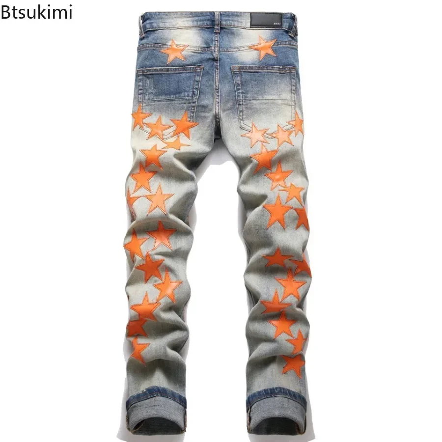 2025 New Fashion Men\'s High Street Stars Patchwork Jeans Slim Stretch Holes Ripped Denim Pants Streetwear Distressed Jeans Male