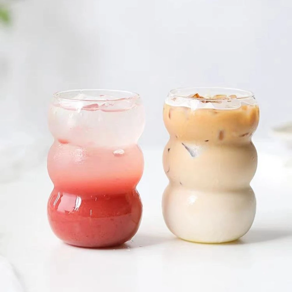 Ribbed Glass Cups 550ml Vintage Drinking Glassware with Wave Shape Design Bubble Cups for Iced Coffee Juice Milk Bubble Tea Boba