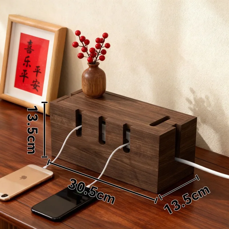Solid wood wire plug-in row storage box, power strip socket, power cord desktop