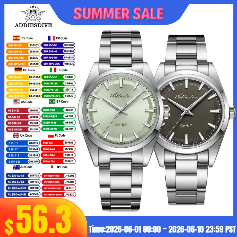 

ADDIESDIVE AD2066 Men's Luxury Watch 10Bar Waterproof BGW9 Super Luminous 316L Stainless Steel reloj hombre VH31 Quartz Watches