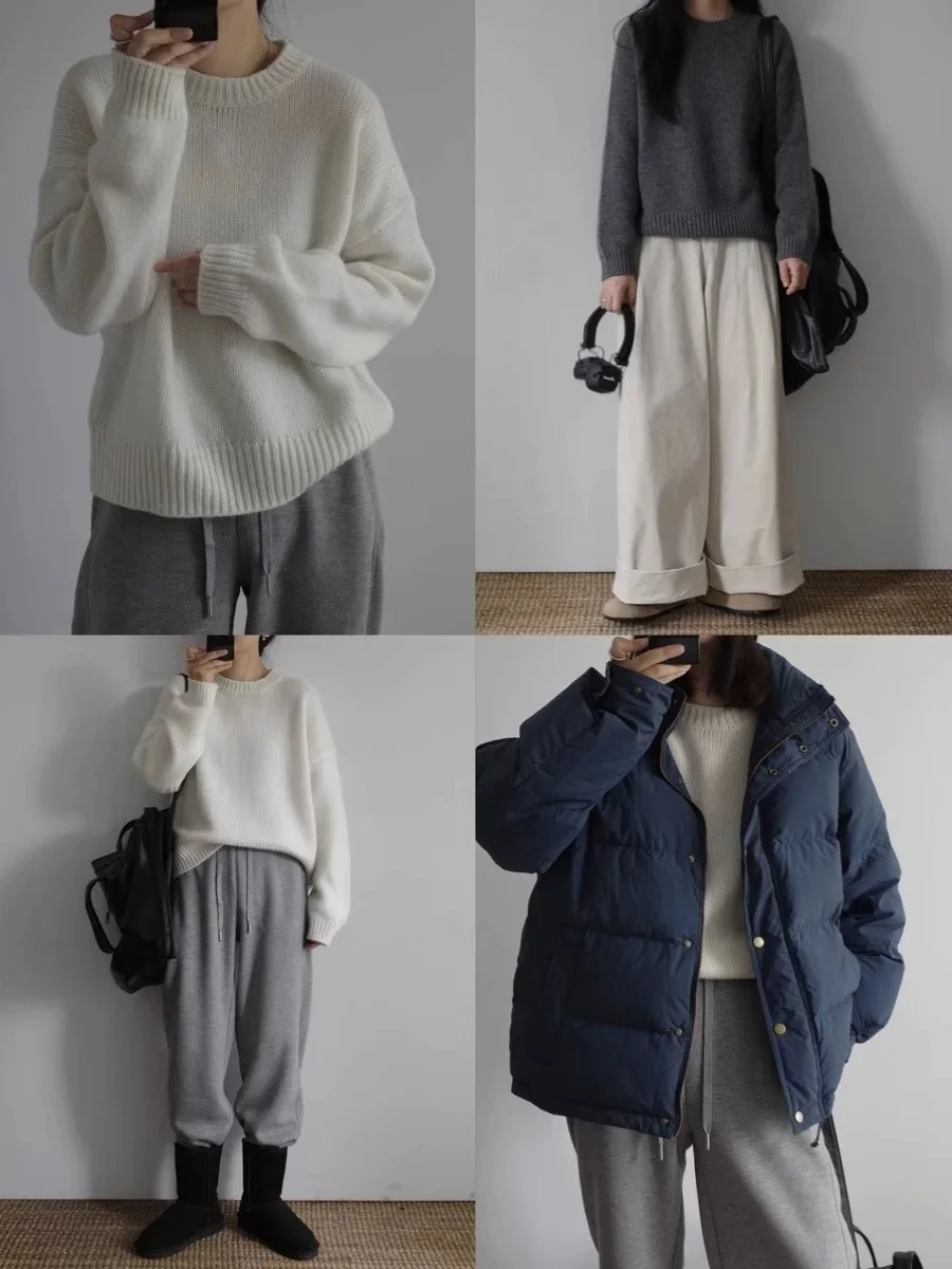 Autumn and winter thickened 100% cashmere sweater women's loose high-end round-neck wool sweater knitted undershirt warm