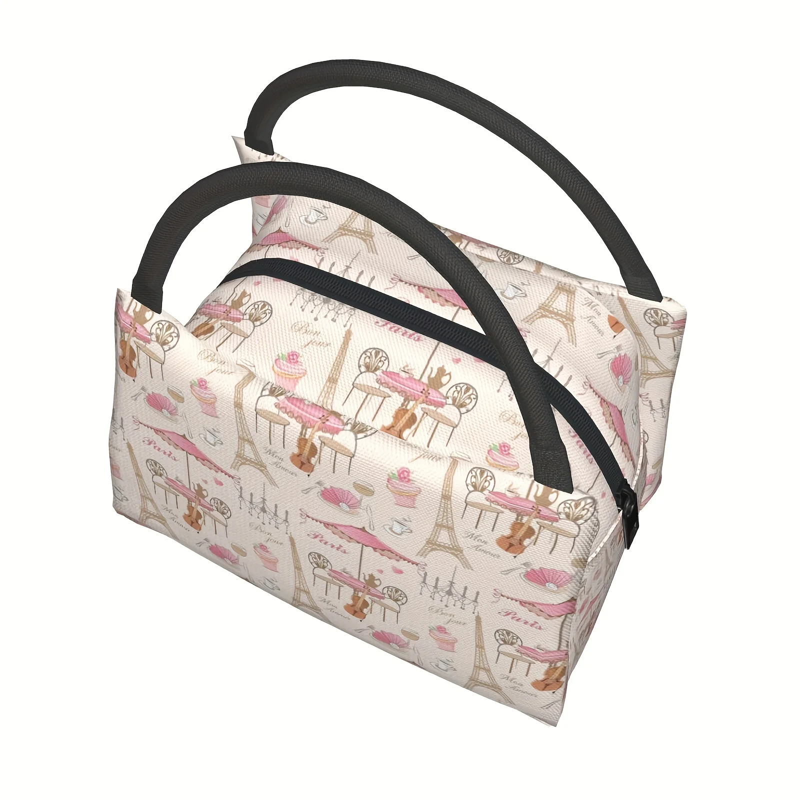 Sac à déjeuner en polyester délavé à la main avec une tour Eiffel de Paris romantique, refroidisseur isolé rectangulaire sur le thème de l'anime