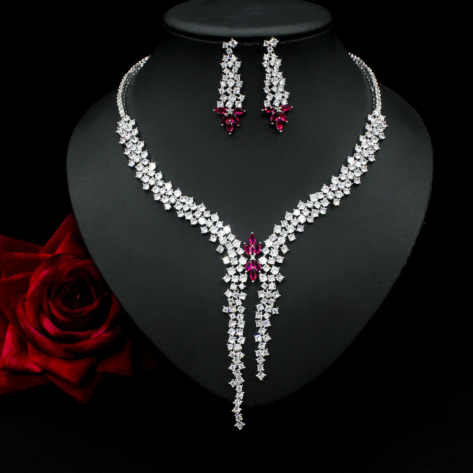 

High Quality Luxury Zircon Jewelry Set For Women Saudi Arabia Bride Wedding Party Long Pendant Necklace Accessory parure bijoux