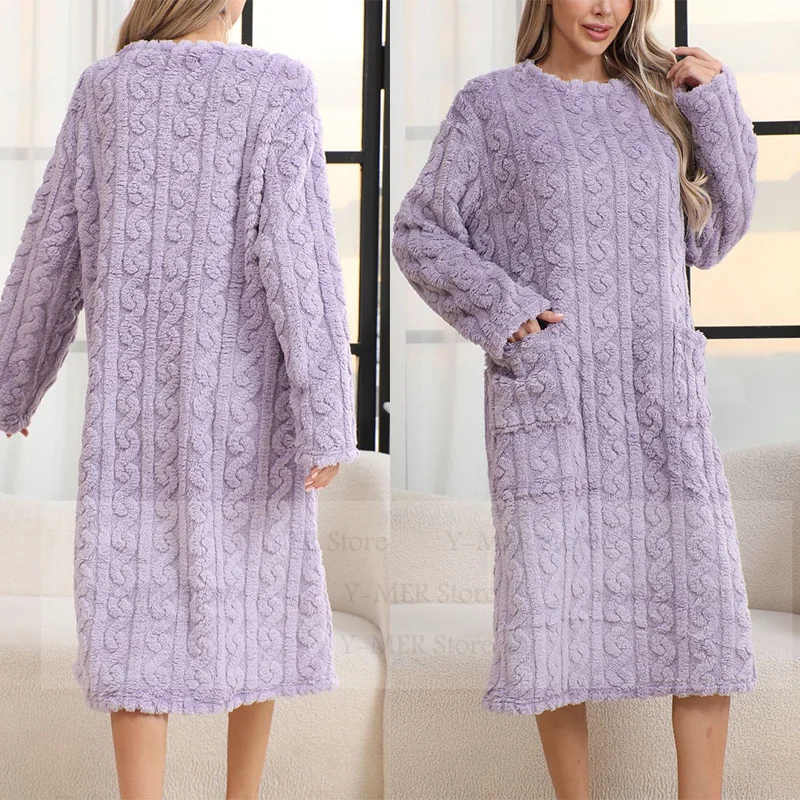 

2025 Winter Warm Thick Coral Fleece Kimono Nightgown Long Sleepwear Women Warm Homewear with Pocket Soft Pajamas Nightwear