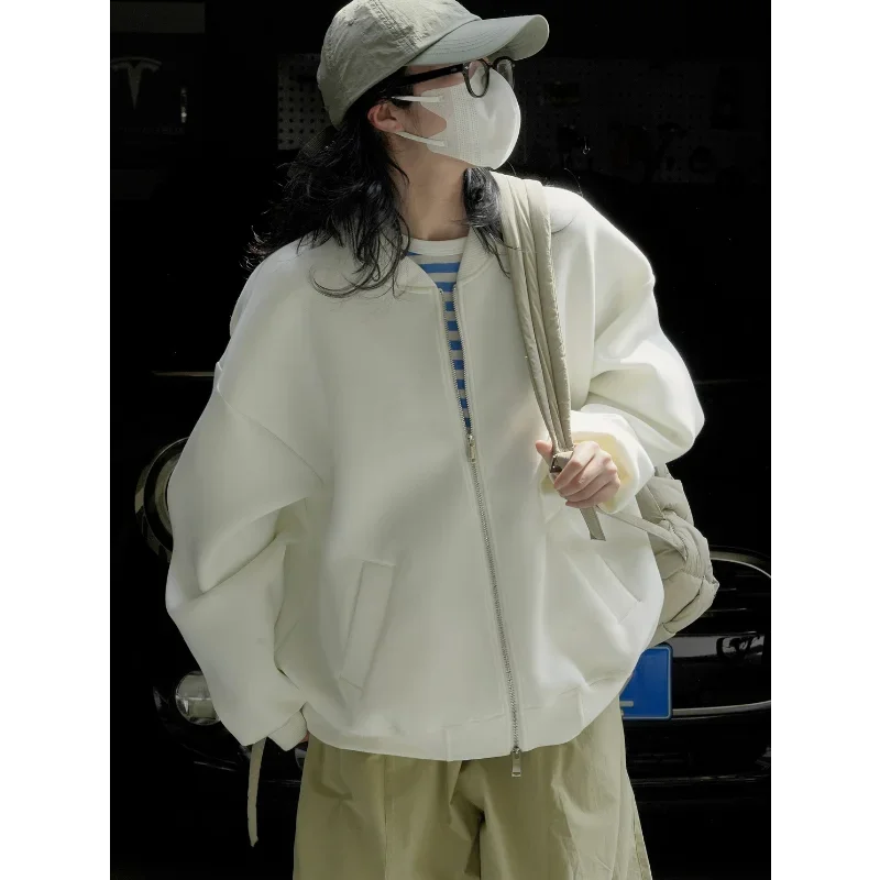 Baseball Viscose Sweatshirts Women Jackets Autumn Air Layer Korean Style Street Sports Loose Profile Casual Stand Collar White