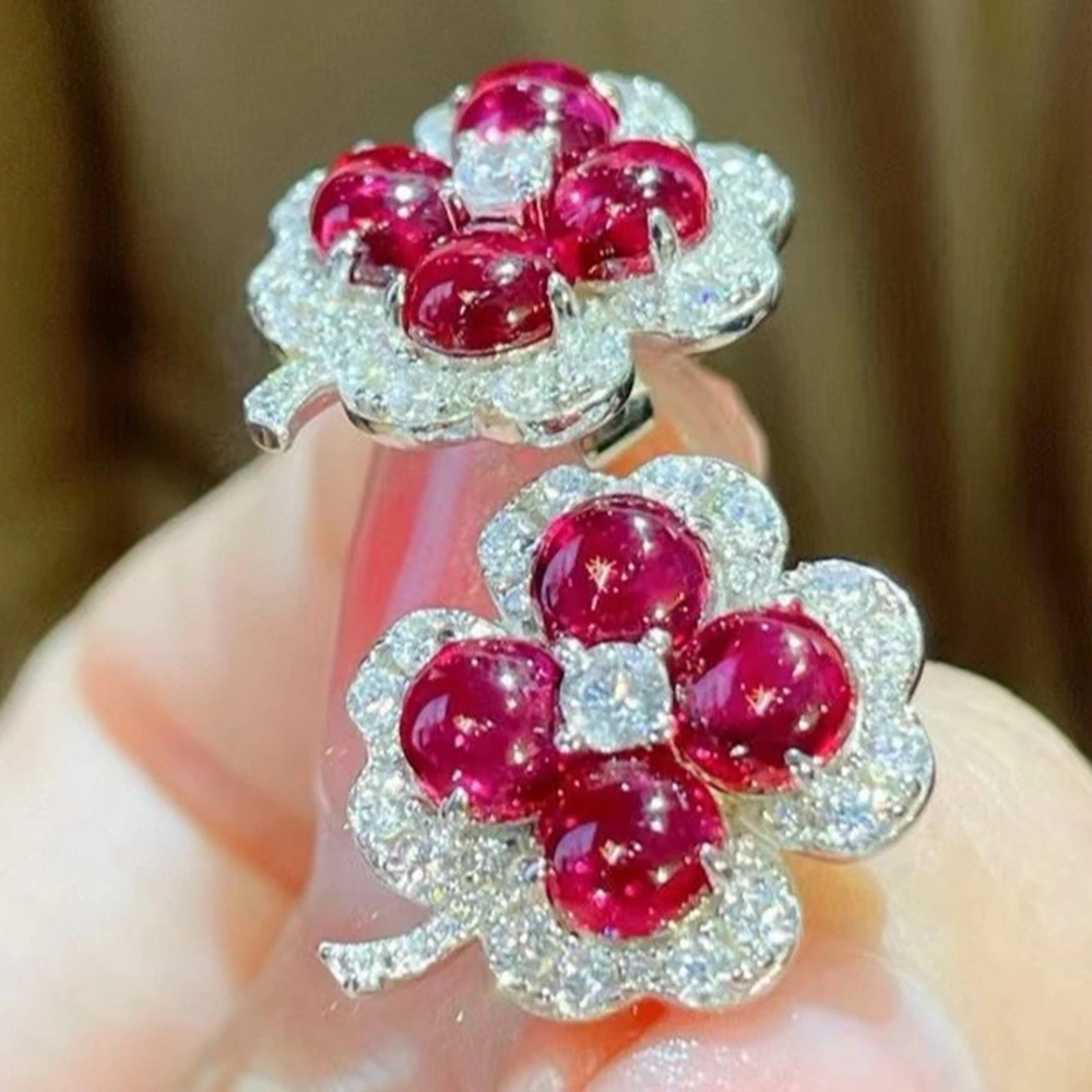 

KQDANCE Vintage 925 Sterling Silver Red Four-leaf Clover Ruby High Carbon Diamond Gemstone Ear Studs Earrings for Women Jewelry