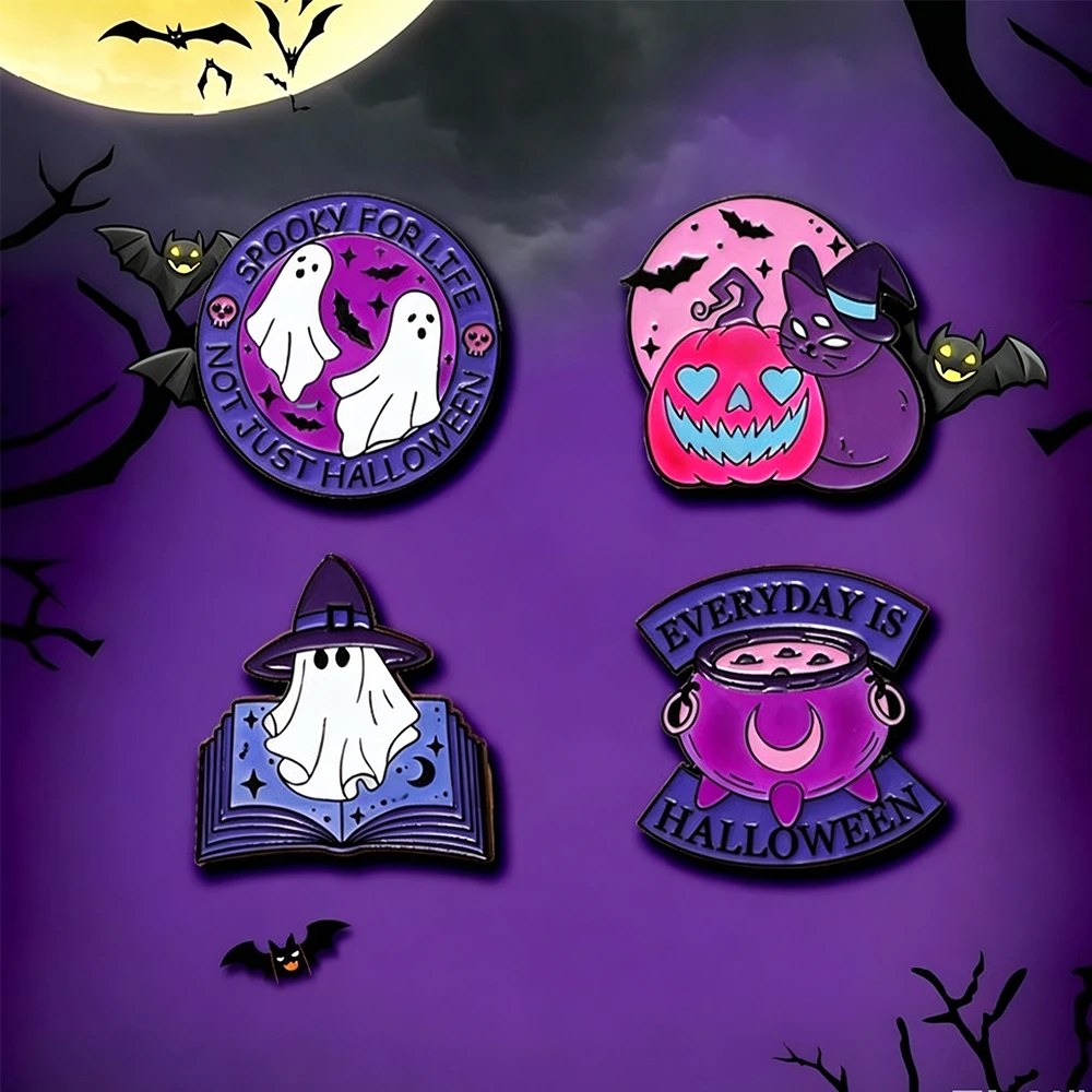 4 Stück Halloween-Leuchtnadeln aus Emaille mit Cartoon-Motiven wie Kürbis, Katze, Geist, Zauberer, Fledermaus, Abzeichen für Rucksack, Kleidung, Hut, Cosplay-Zubehör