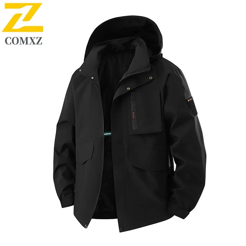 COMXZ Men Jacket American Style Detachable Hood Loose Windbreaker Outdoor Jackets Windproof Casual Sport Lightweight Hiking Coat