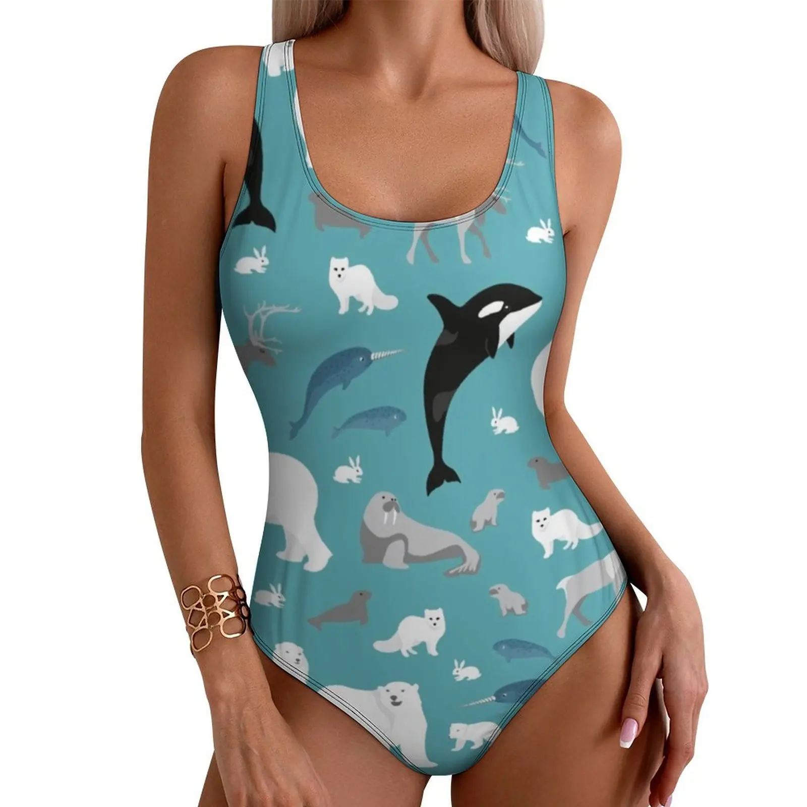 Animal Print Swimsuit Sexy Polar Bear Women Swimwear One Piece Fashion Bodysuit Holiday Swim Push Up Cut Out Bathing Suits