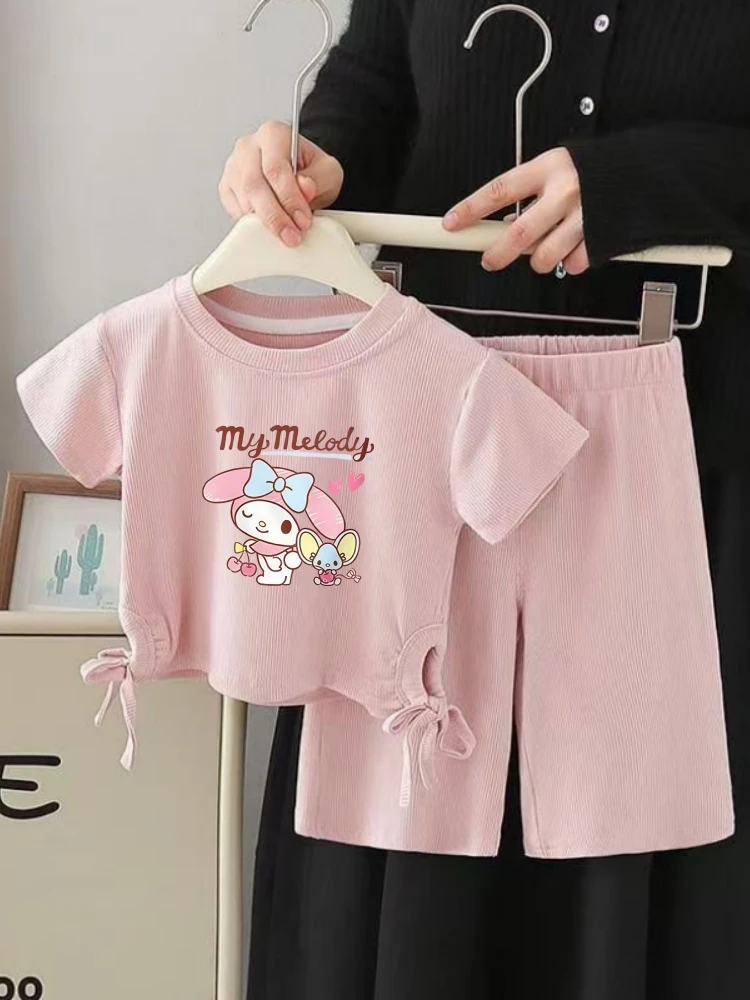 

Летний комплект одежды из ледяного шелка Sanrio для маленьких девочек, футболки с короткими рукавами и принтом My Melody, топ и шорты, костюм из 2 предметов