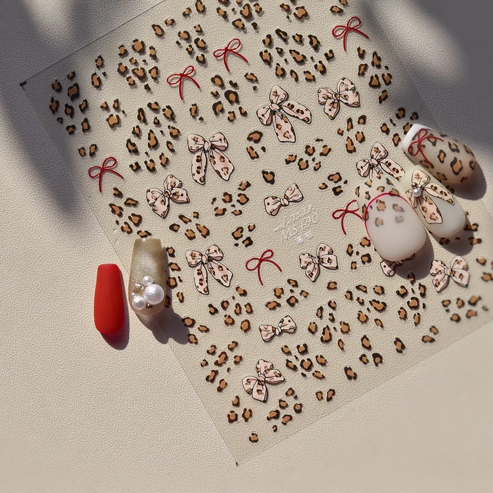 One piece of Retro Leopard Print Bow-shaped Nail Art Charms Sticker Cute Bow-shaped Self-adhesive Nail Stickers for 3D Decoratio