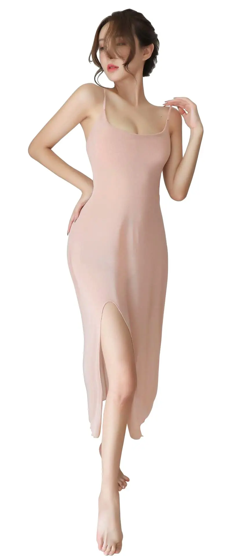

Women's Nude Slip Dress Sexy Side Slit Lingerie Dress Spaghetti Strap Bodycon Sheath Nightdress Minimalist Elegant Fashion