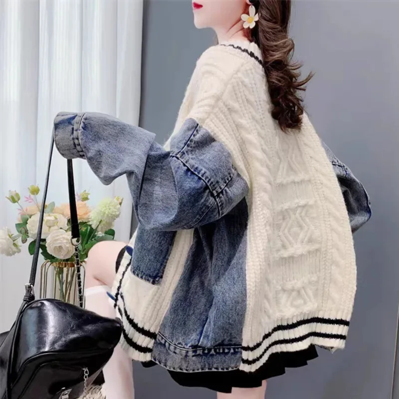 Denim Jacket Sweater Cardigan Top Retro Women Harajuku Lazy Knitwear Fall Winter Oversized Casual Coat Vintage Loose Fit Top New