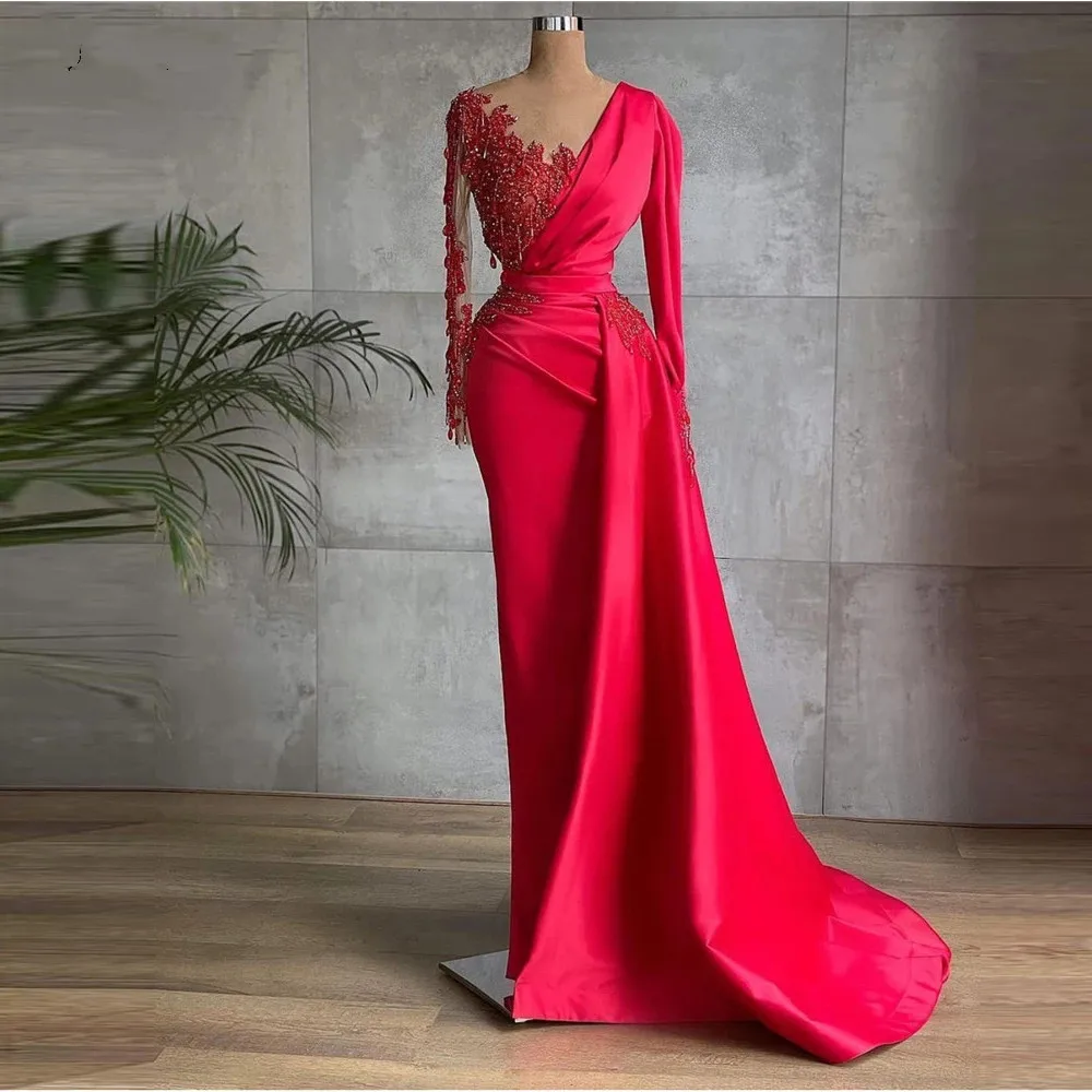 Robe de soirée en Satin rouge de dubaï, glamour, manches longues, col transparent, perles, robe de bal, robe formelle de célébrité