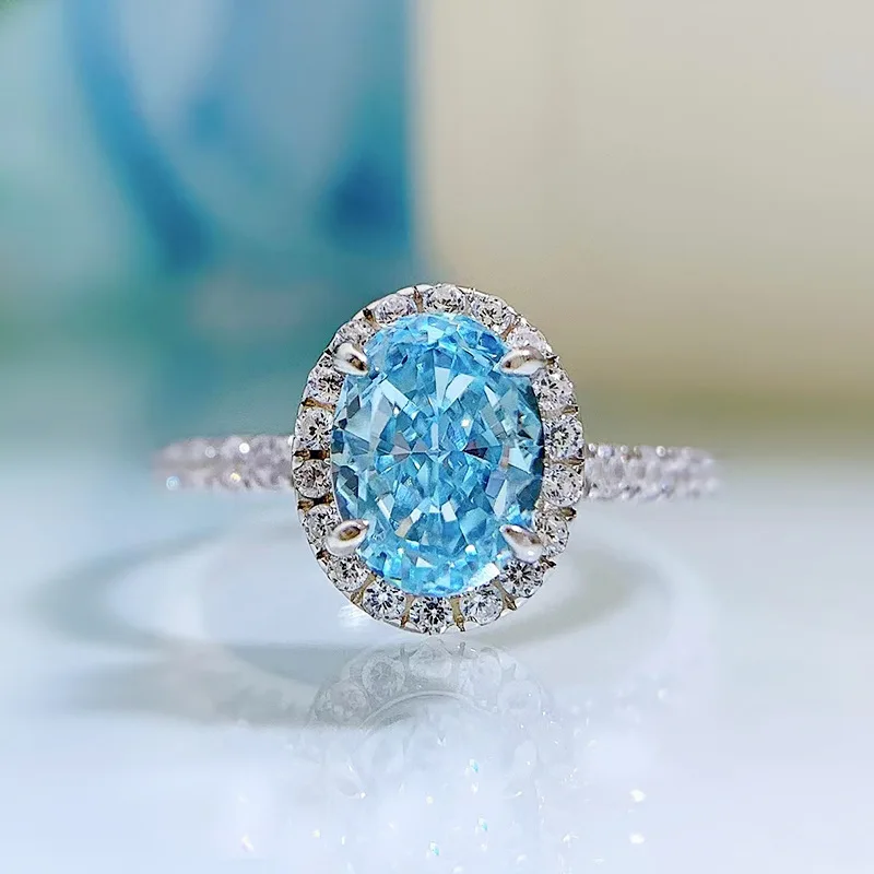 S925 Silver Ring High Carbon Diamond 1 Carat Oval Sea Blue Zirconia 6 * 8 Radian Ring