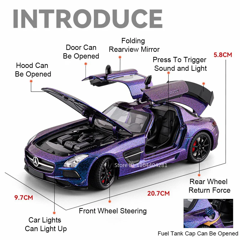 1:24 SLS Vision GT Diecast Alloy Model Miniature Car Toys Sound Light Pull Back Doors Opened Sports Cars Collectibles Child Gift