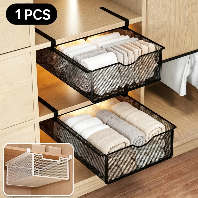 no-drill-under-desk-hanging-storage-basket-sliding-metal-mesh-wardrobe-drawer-organizer-space-saving-under-shelf-storage-bin