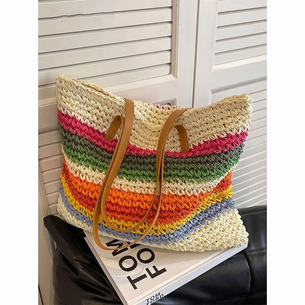 حقيبة قش خفيفة الوزن مع أشرطة تصادم قوس قزح ، منسوجة يدويًا ، حقيبة كتف كاجوال ، مائة عطلة على شاطئ البحر #3