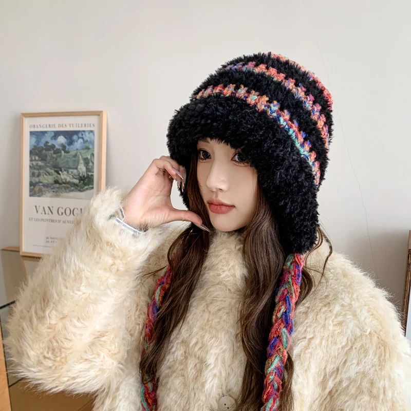 Winter Striped Ladies Warm Knitted Thickeing Hat Outdoor Ear Protection Plus Velvet Beanie for Women's Pullover Hats Female R222