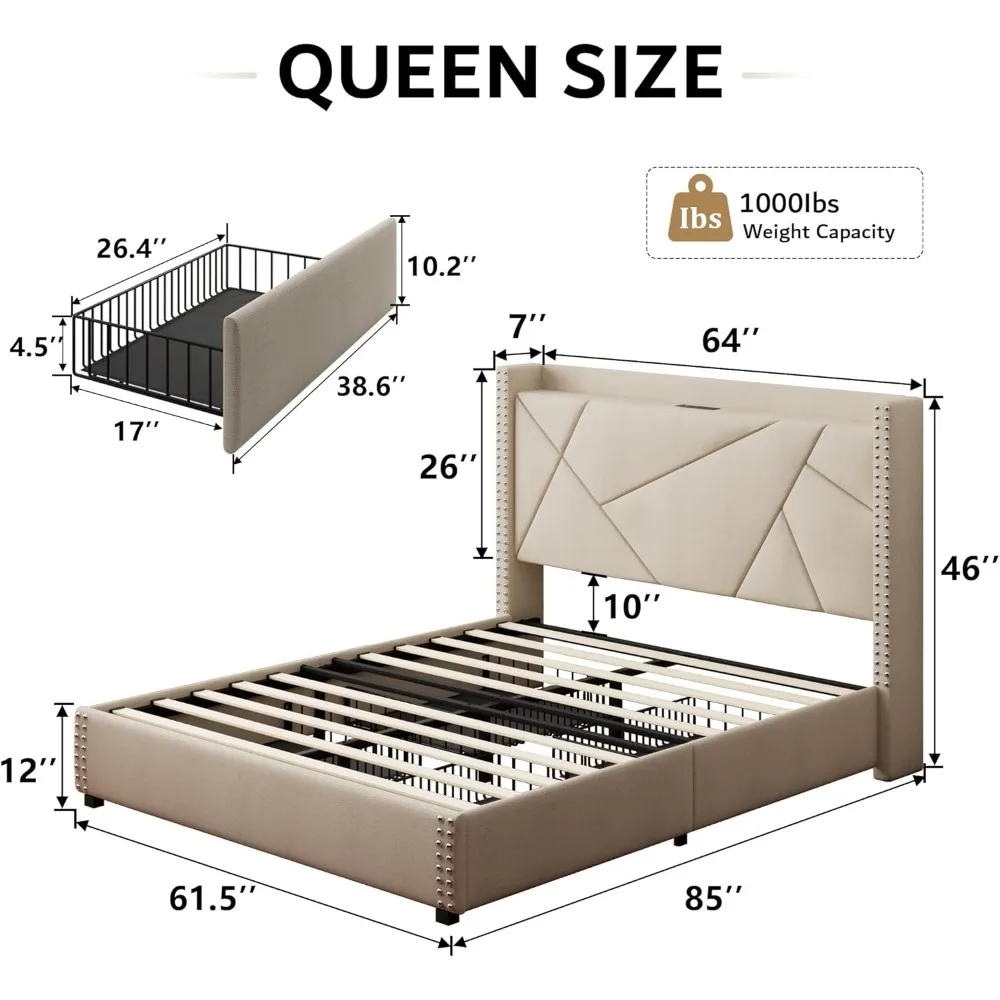 Cadre de lit Queen avec planche de sauna à oreilles minimaliste, station de charge, 4 wers de proximité