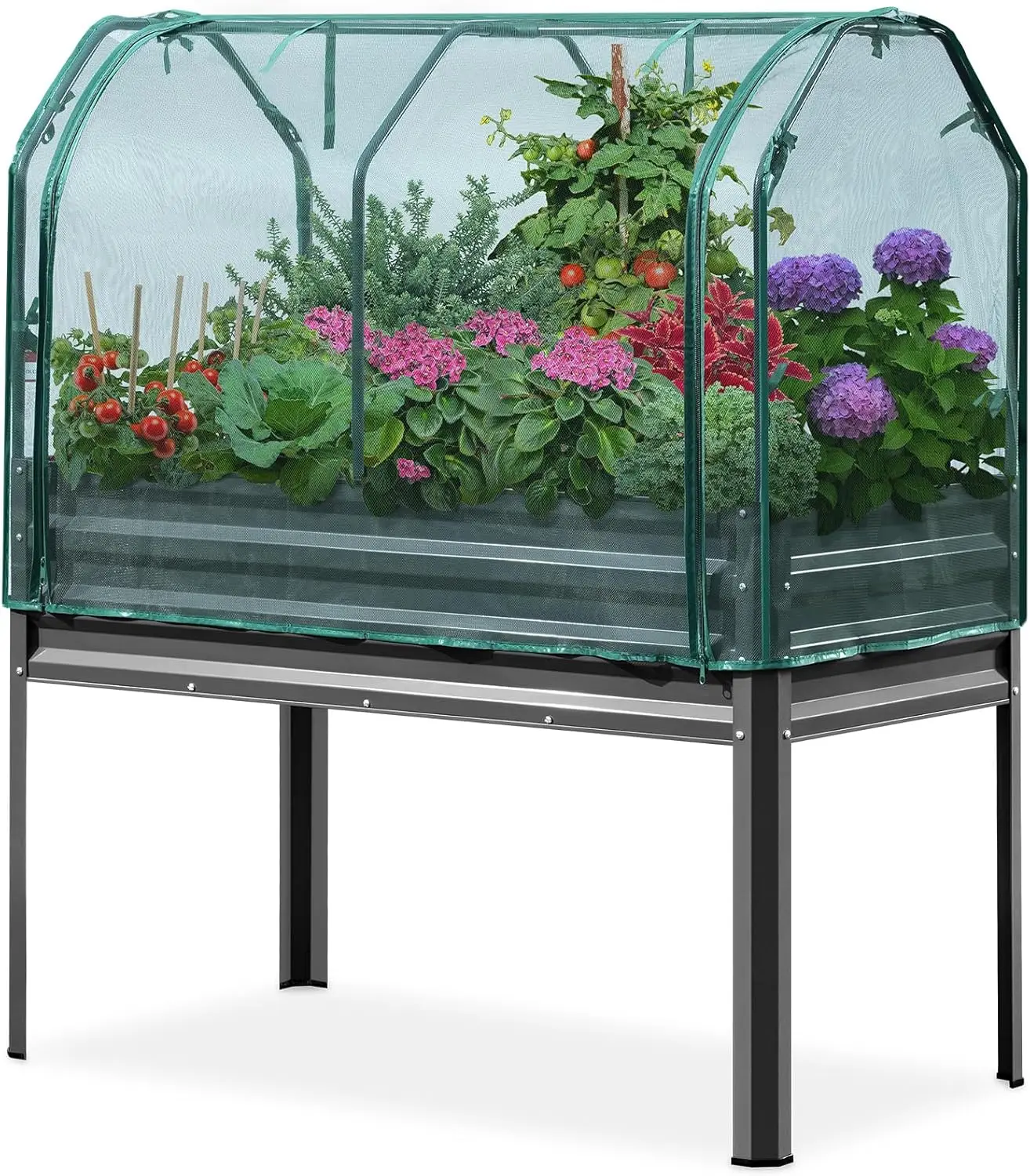 KING BIRD Large Raised Garden Bed with Netting Galvanized Elevated Planter Box with Legs 48×24×56 in for Backyard, Patio