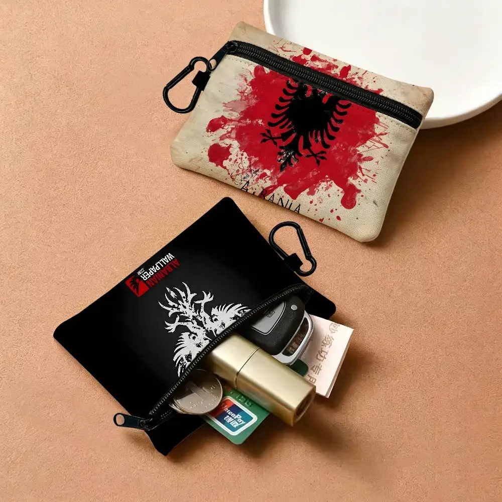 A-Albania Portable Oxford Fabric Mini Wallet Carabiner Design Small Coin Bag For Cards Keys Earphones