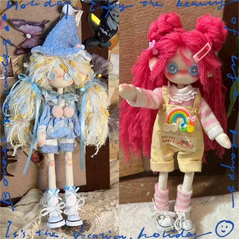 

Pink & Blue Hair Button Dolls - Handmade Toys with Free Shoes & Accessories Gift Set
